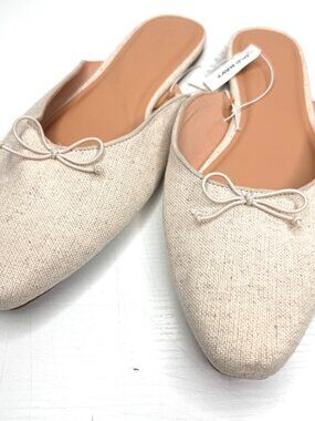 NEW OLD NAVY Natural Linen Tweed Preppy Square Toe Bow Slip On Ballet Mule 10